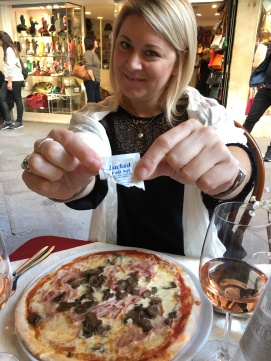 Taking Lactaid so she can eat Italian pizza!